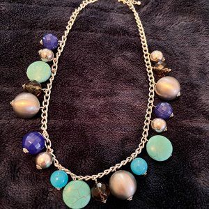 Turquoise, Silver & Purple Beaded Necklace  - 21" fully extended